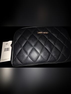 Jessica Moore Quilted Black Crossbody Bag with Gold Logo W/Necklace & Bracelet